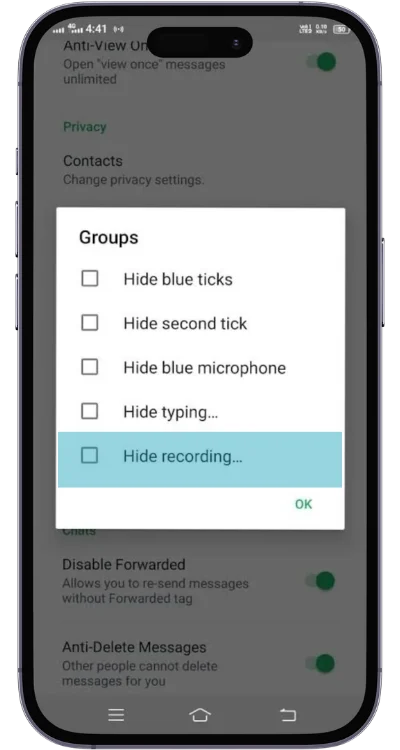 Hide Recording Status - GB WhatsApp