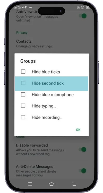 Hide Second Ticks - GB WhatsApp