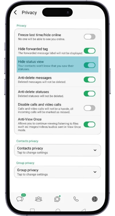 Hide Status View Receipt - GB WhatsApp