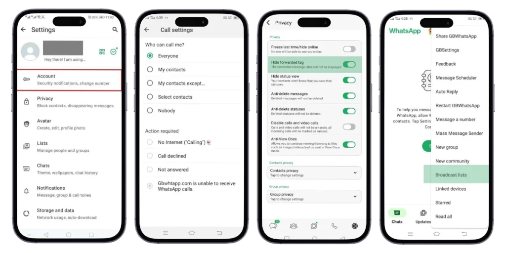 Multiple Account, Call privacy, Hide forward tags, broadcast list - GB WhatsApp Features